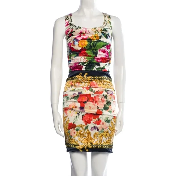 Dolce & Gabbana Silk Floral Bouquet Iconic Sleeveless Rouched Dress - Picture 3 of 15